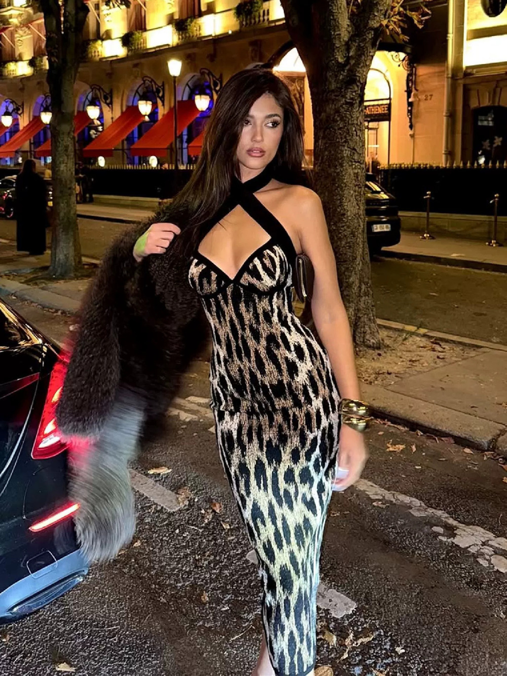 ZARA Summer Sexy Leopard Print Bodycon Halter Slit Dress for Women